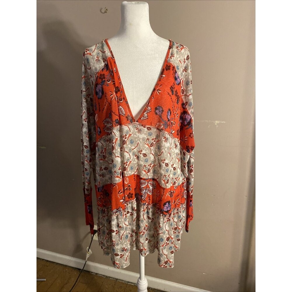 Free People Boho Flowy Dress Teierd Ruffles Semi-Sheer Floral Sz S Oversized - Picture 1 of 9